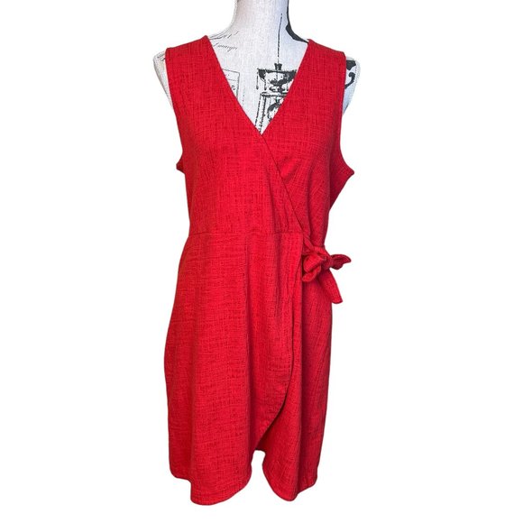 Madewell Dresses & Skirts - Madewell Texture & Thread Red Sleeveless Wrap Dress Size L Crosshatch Side Tie